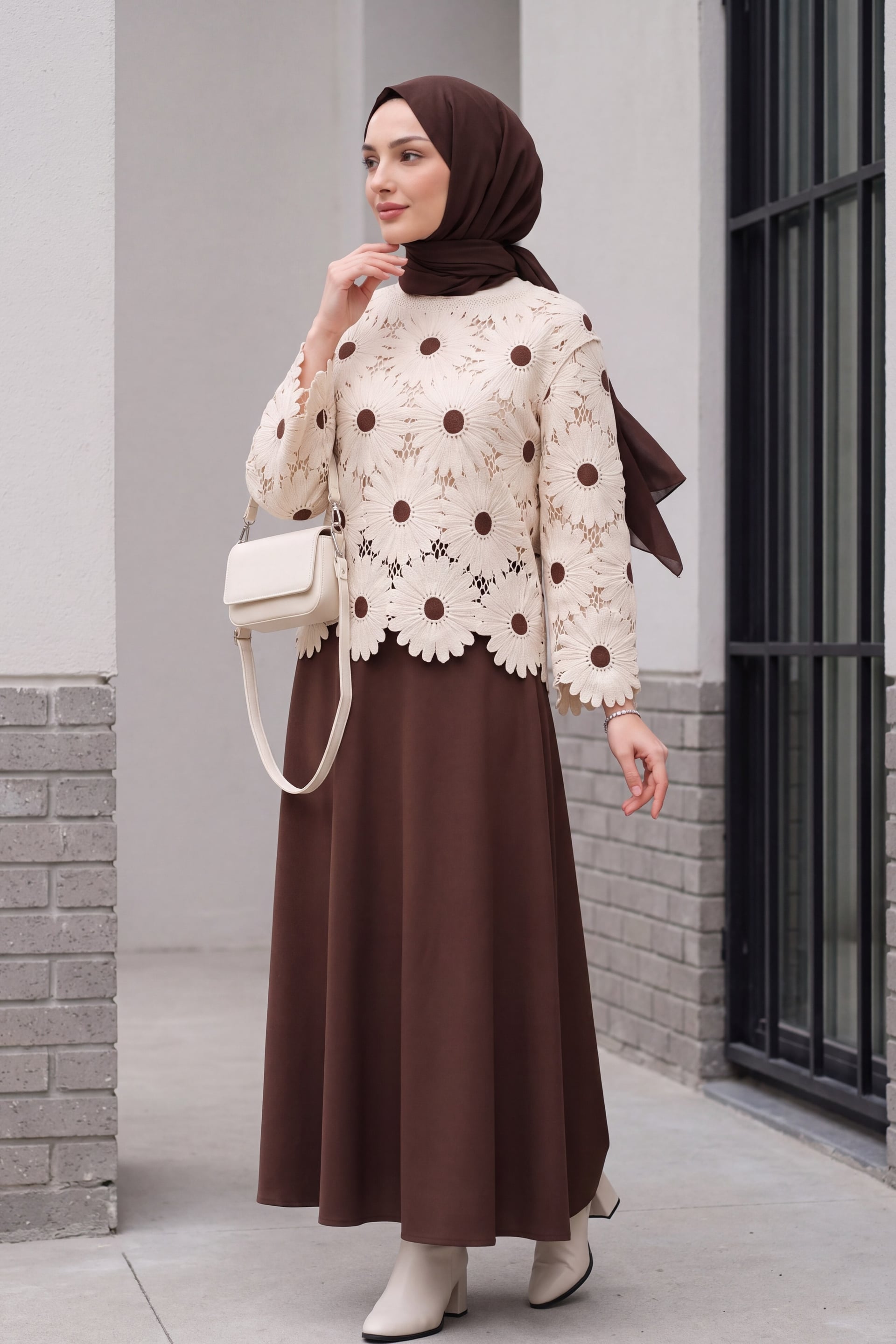 Boat Neck Daisy Pattern Knit Blouse - Brown - Podyumplus - by Peralane - photo 7