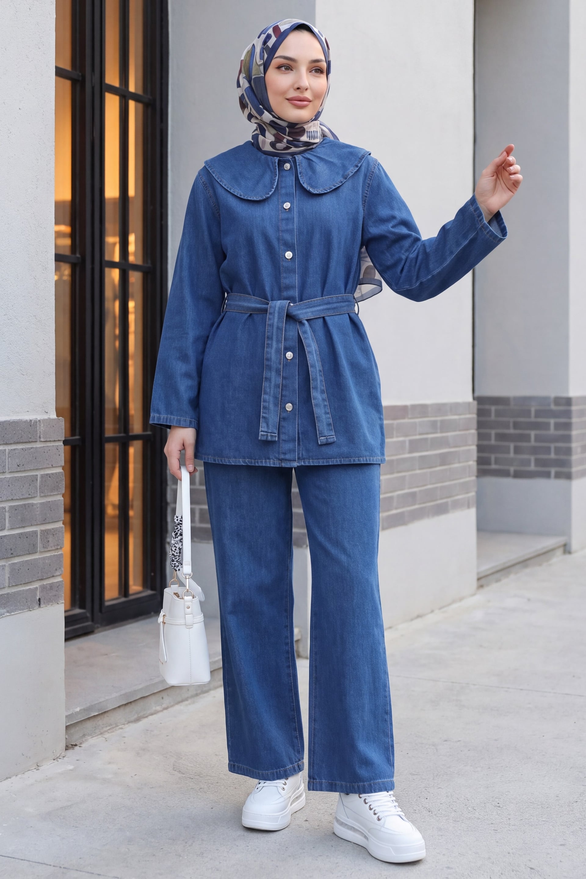 Indigo Denim Two-Piece Set with Baby Collar and Belted Tunic - Podyumplus - by Peralane - photo 3