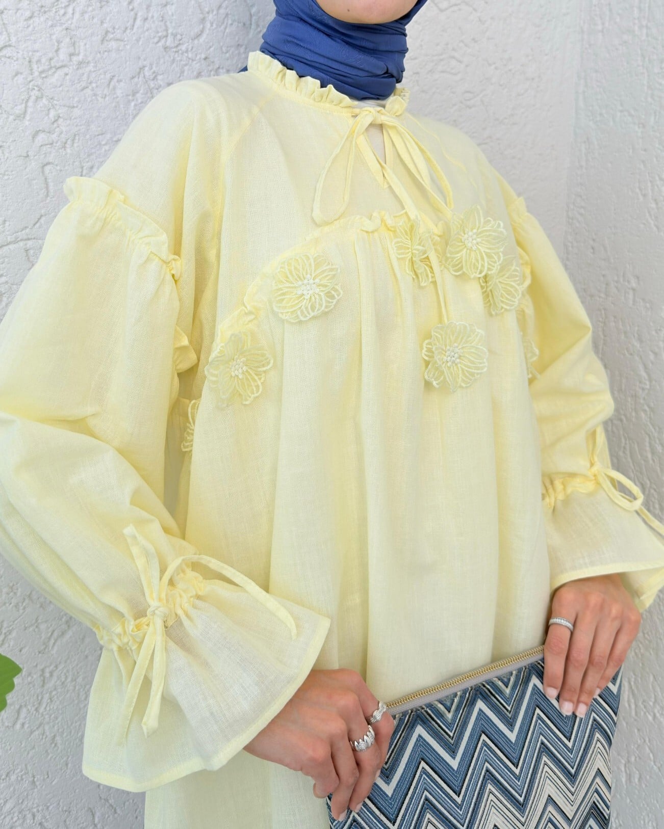 Women's Tie-Front Floral Tunic with Long Sleeves - Pale Yellow - Podyumplus - by Peralane - photo 5