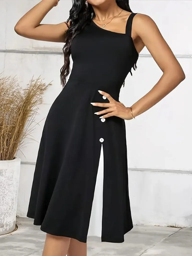 Women's One-Shoulder Sleeveless Viscose Dress with Side Buttons - Black - Janes - by Peralane - photo 3