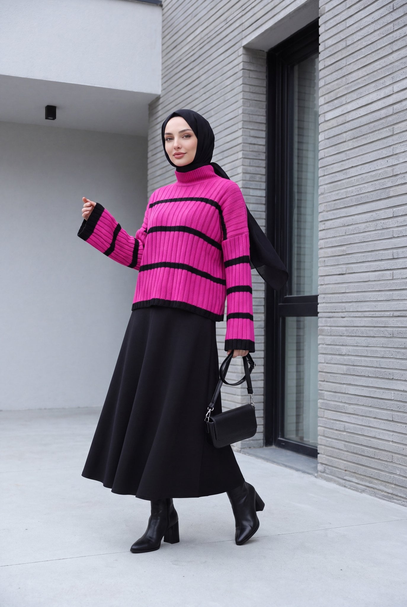 Striped Oversized-Sleeve Knit Sweater - Fuchsia - Podyumplus - by Peralane - photo 5