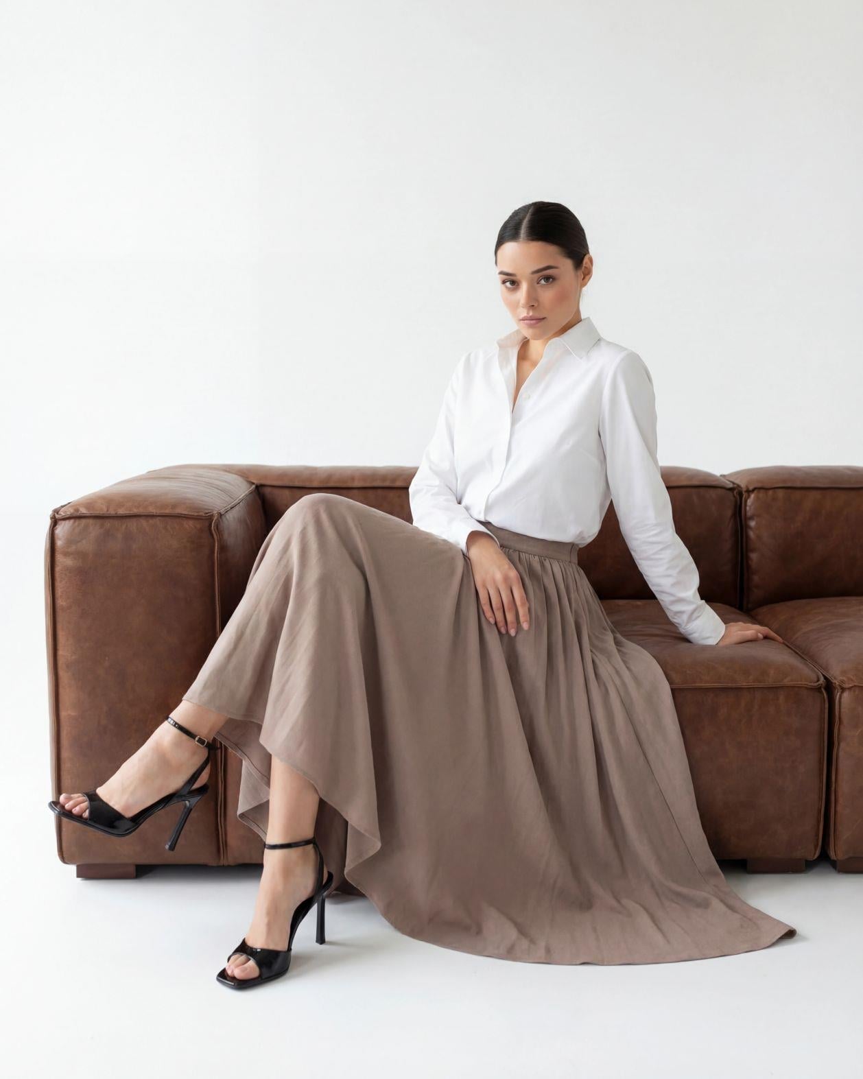 Women's Taupe Pleated Maxi Skirt with High Waistband - Fame - by Peralane - photo 3