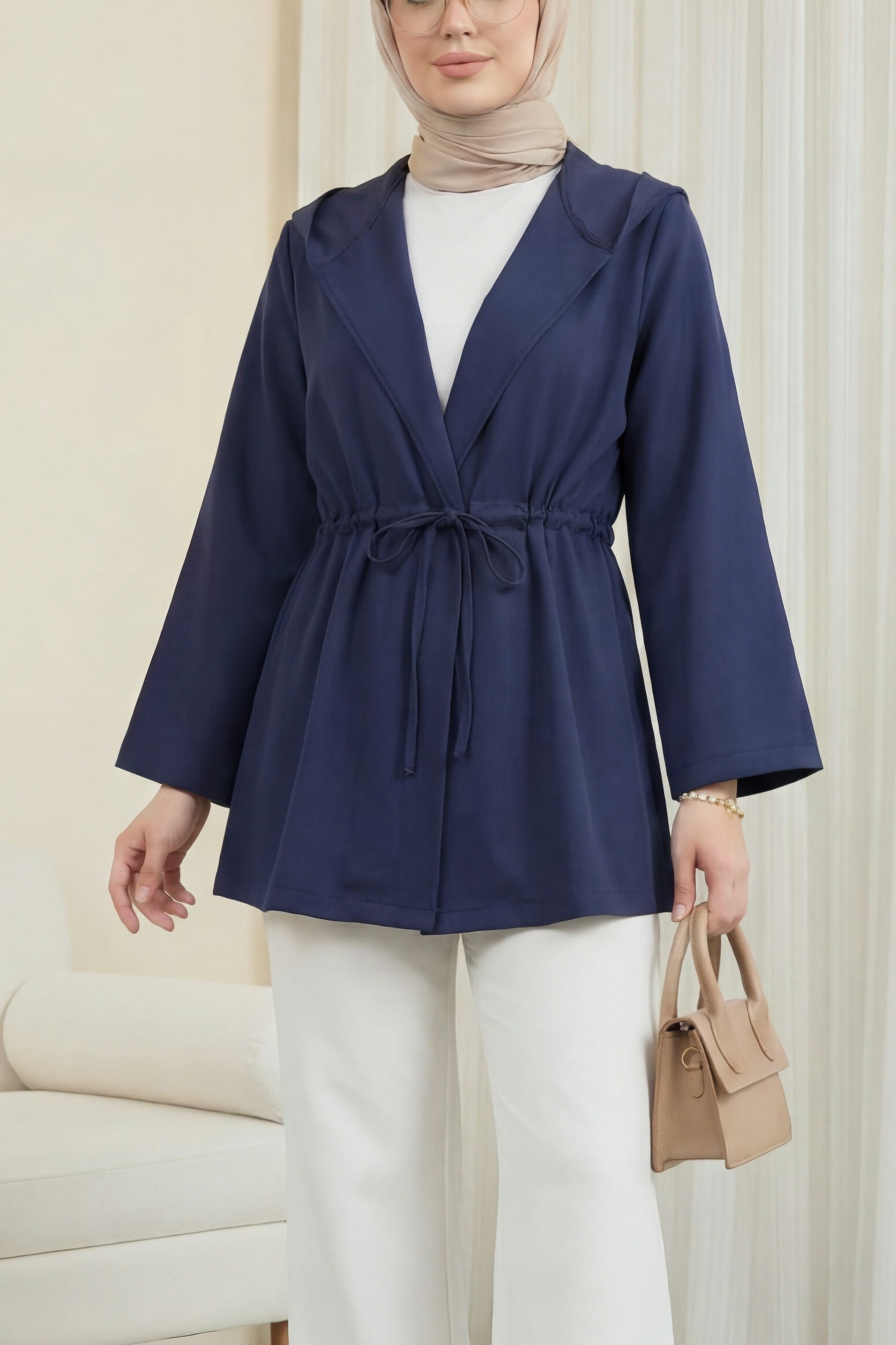 Navy Blue Scuba Kimono with Front Tie Closure - Podyumplus - by Peralane