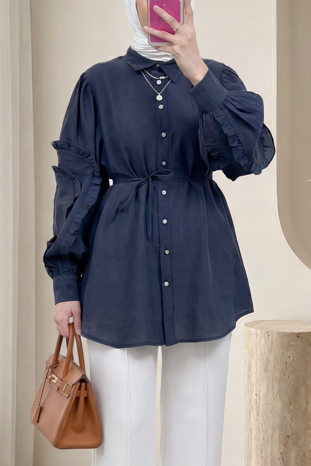 Women's Navy Blue Ruffle Sleeve Blouse with Stone Buttons and Tie Front - Podyumplus - by Peralane