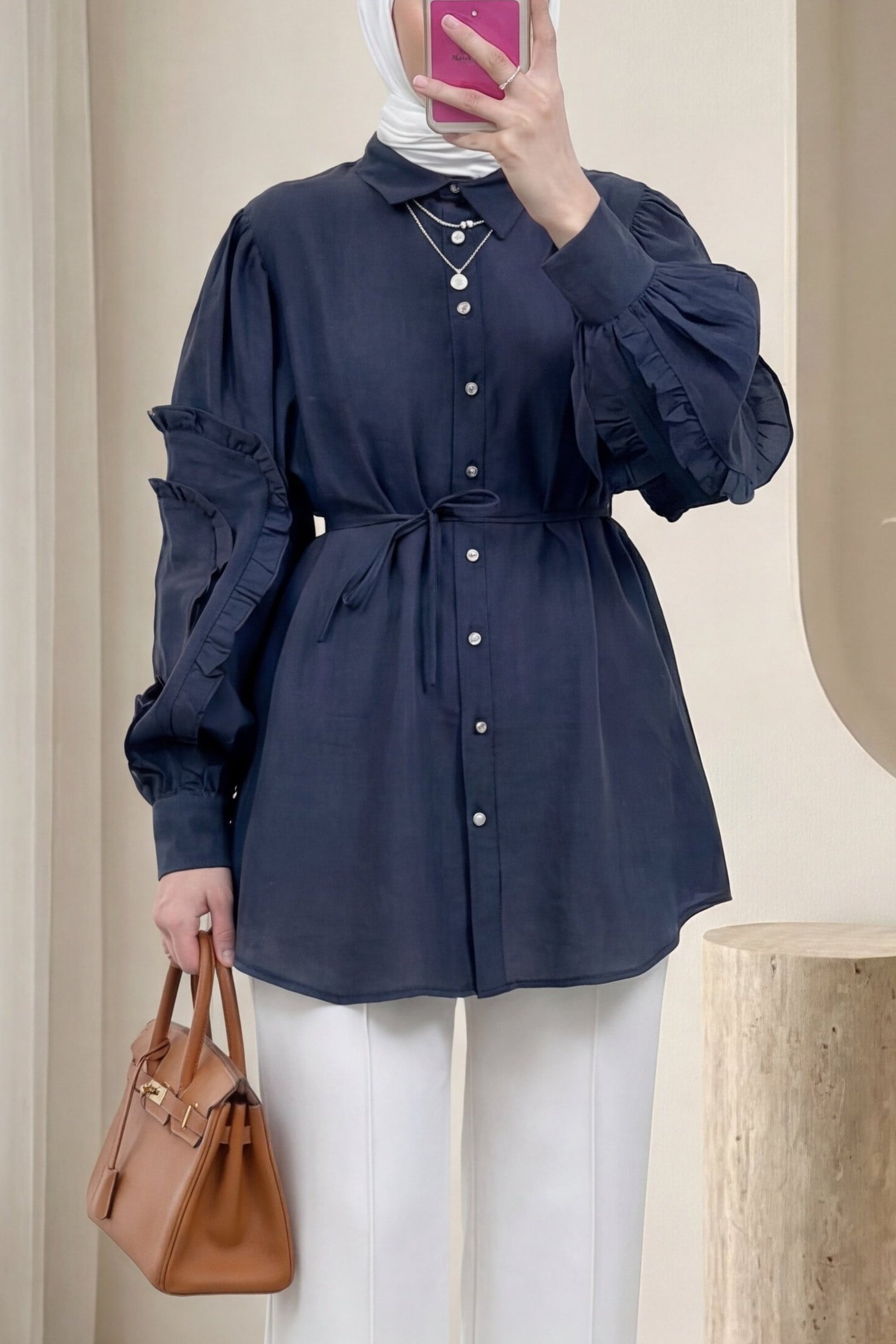 Women's Navy Blue Ruffle Sleeve Blouse with Stone Buttons and Tie Front - Podyumplus - by Peralane