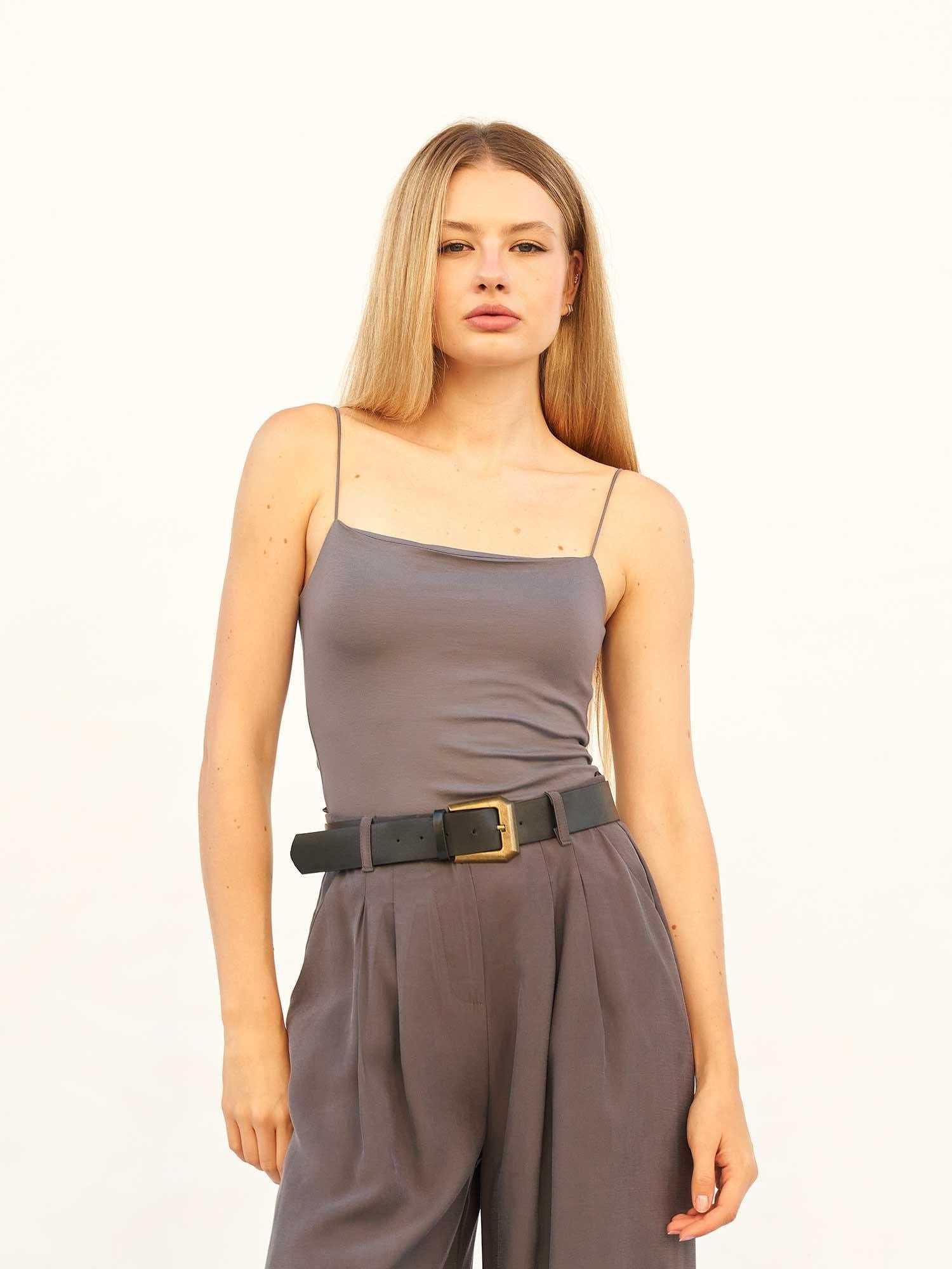 Solid Grey Thin Strap Knit Camisole Top for Women - Lefon - by Peralane