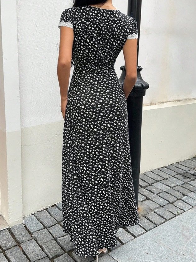 Women's Short Sleeve Deep V-Neck Lace Detail Floral Print Long Suprem Dress - Janes - by Peralane - photo 6