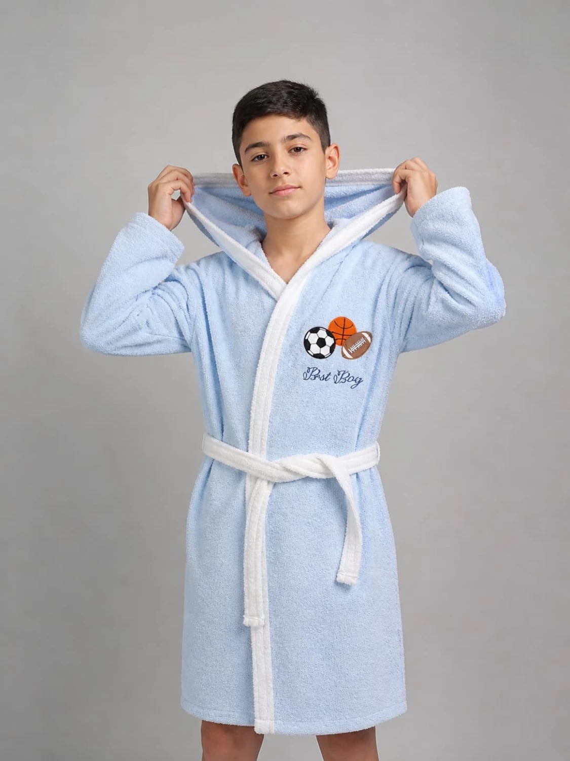 Children's Hooded Bathrobe - Light Blue Terry Cloth - Has Bereket - by Peralane
