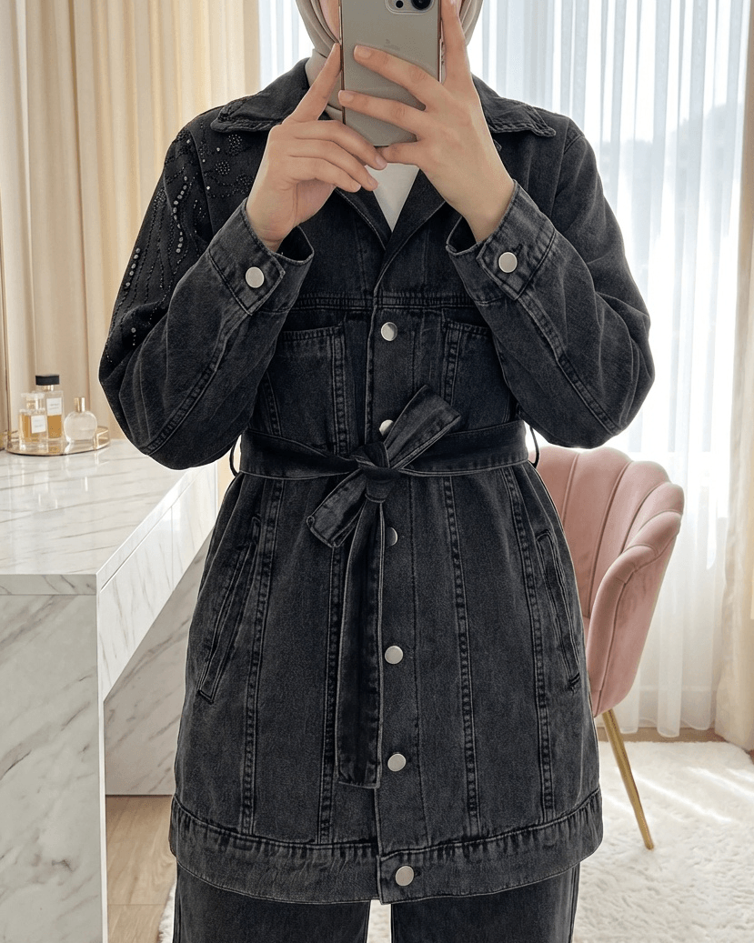 Pocketed Front Button Tie Waist Stone Embellished Denim Suit - Anthracite - Podyumplus - by Peralane - photo 2