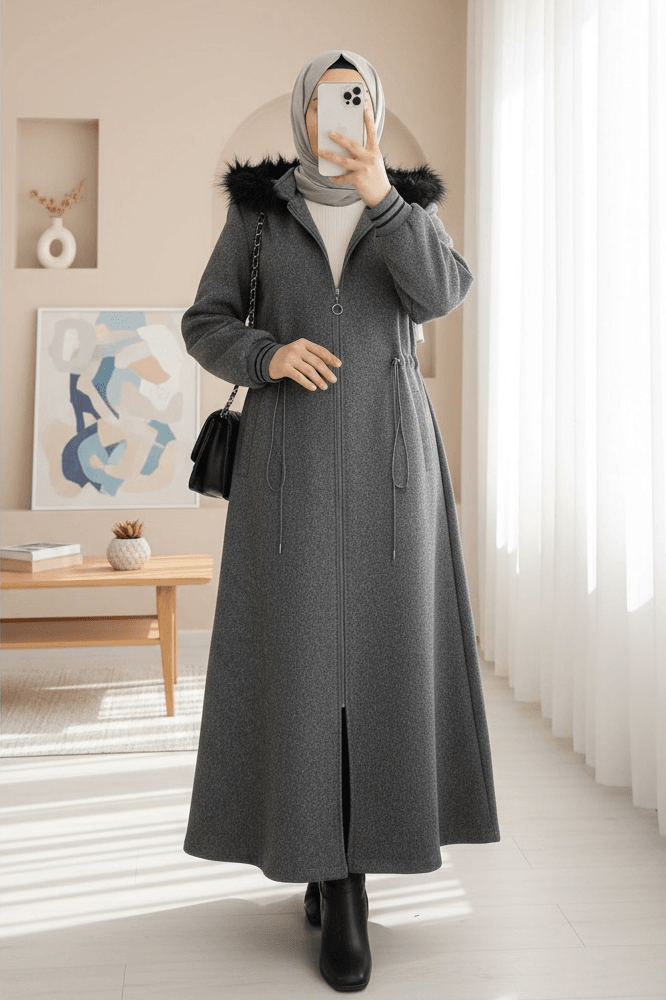 Hooded Drawstring Waist Faux Fur Trim Wool Blend Coat - Smoke - Podyumplus - by Peralane