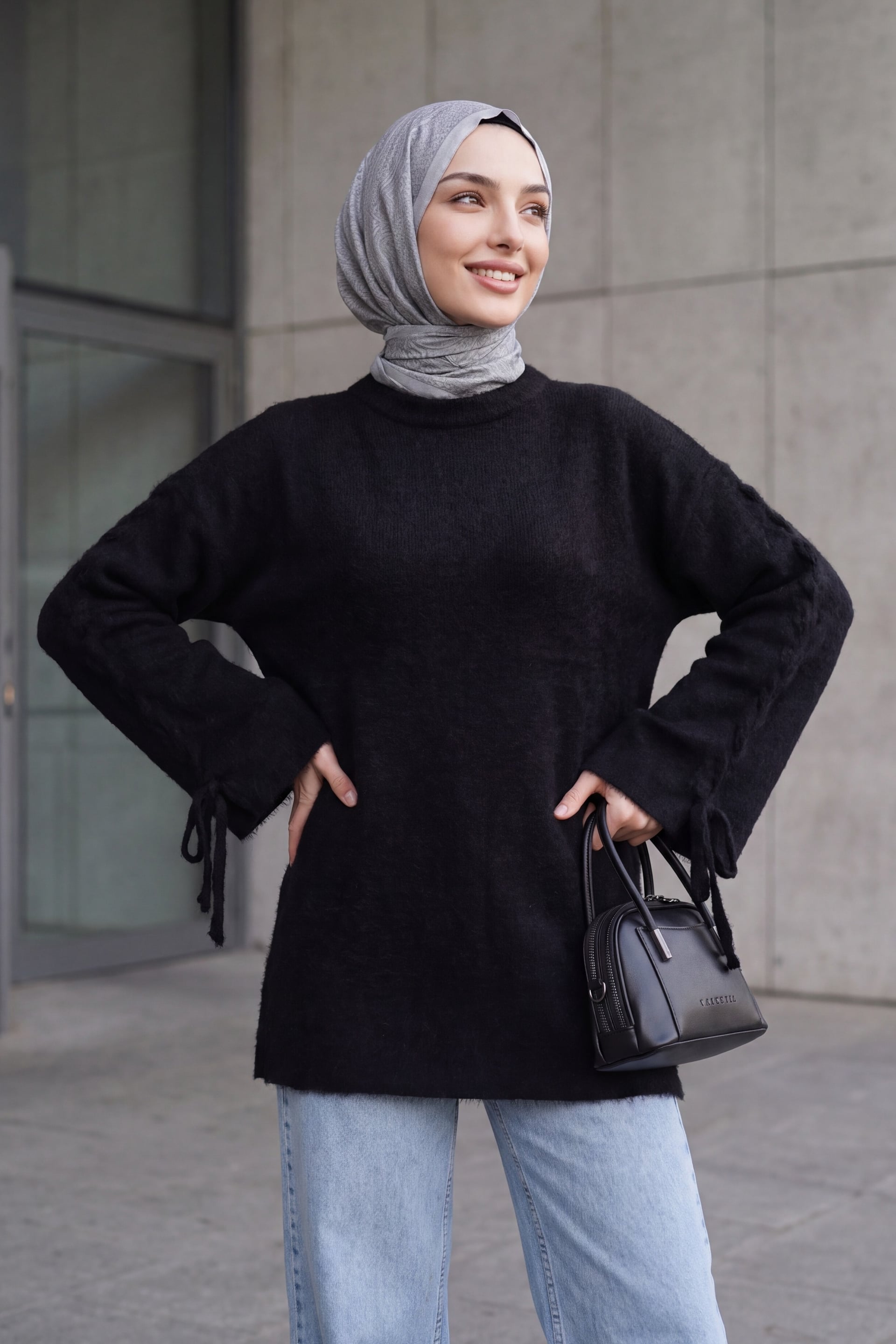 Women's Black Crew Neck Braided Sleeve Textured Knit Tunic - Podyumplus - by Peralane - photo 2
