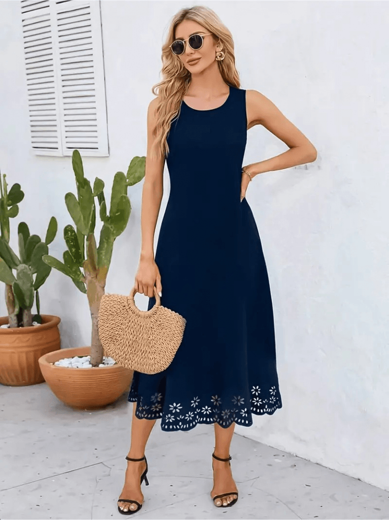 Women's Sleeveless Navy Blue Midi Dress with Laser-Cut Floral Hem, Pack of 6 - Janes - by Peralane - photo 5