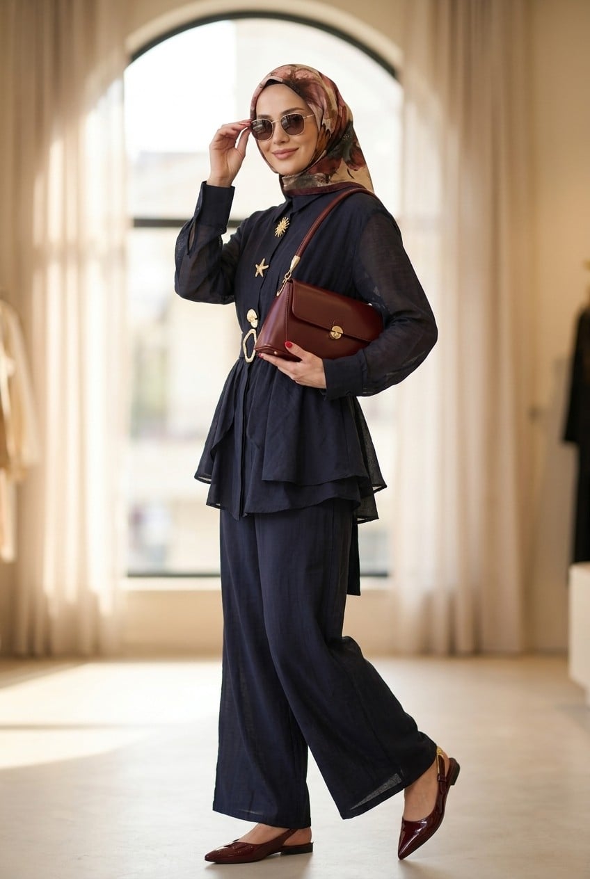Navy Blue Lined Cupro Blouse and Wide-Leg Trousers Set with Belt - Podyumplus - by Peralane - photo 3