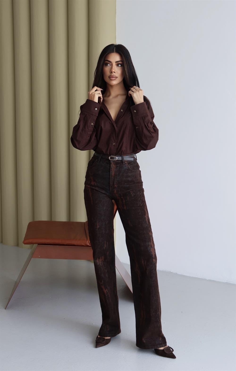 Women's High-Rise Flok Printed Brown Jeans - Lacarino Jeans - by Peralane - photo 3