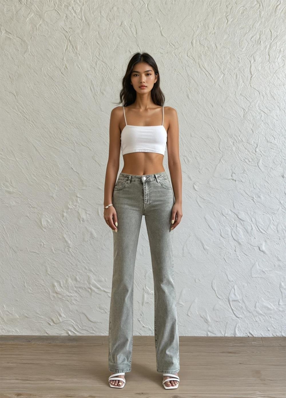Women's High-Waist Half Flared Khaki Jean Trousers - Lacarino Jeans - by Peralane - photo 5