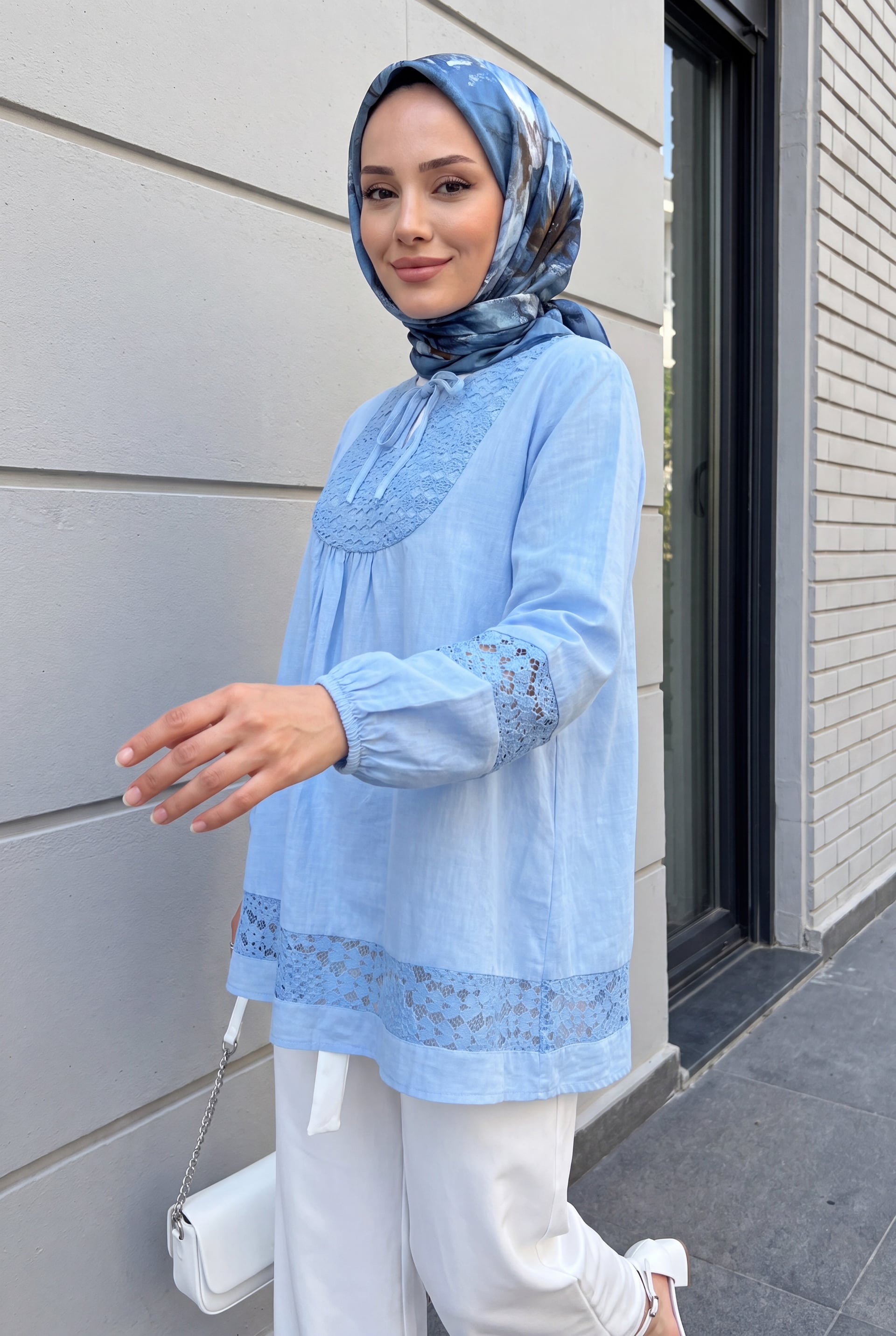 Blue Lace Trim Tie-Neck Tunic with Elasticated Cuffs - Podyumplus - by Peralane - photo 3