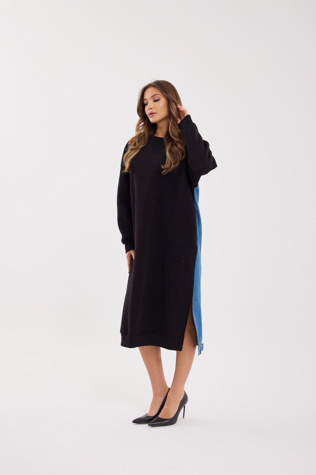Long Sweatshirt Dress with Denim Side Panels - Black - Fame - by Peralane - photo 5