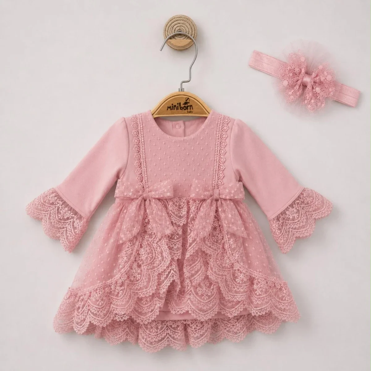 Baby Girl Tiered Lace Dress and Headband Set - Powder Pink - Miniborn - by Peralane