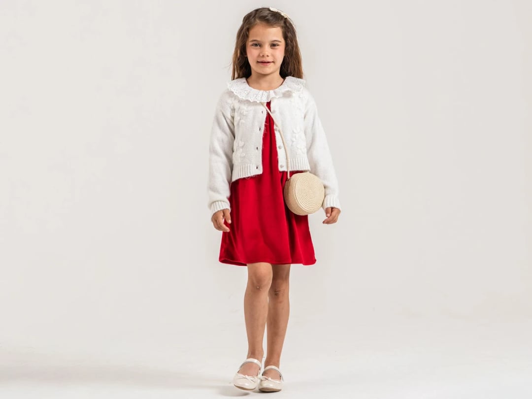 Girl's Dress Set with Embroidered Collar Knit Cardigan and Bag - Pampal Kids - by Peralane