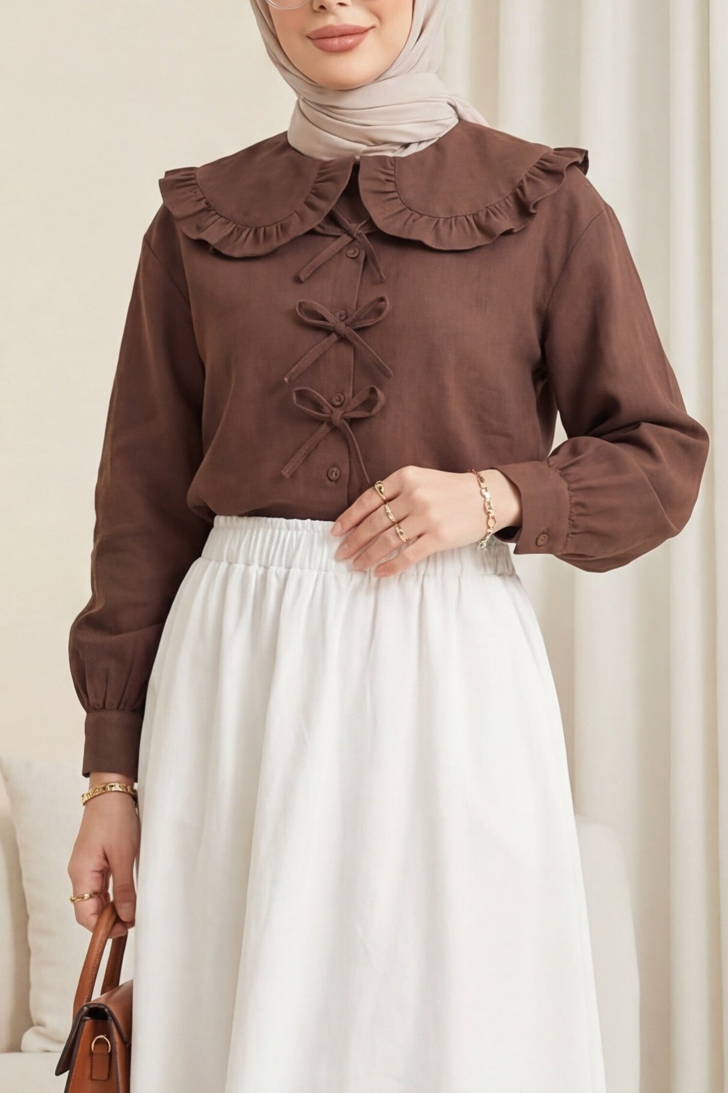 Brown Peter Pan Collar Ribbon Tie Blouse - Podyumplus - by Peralane