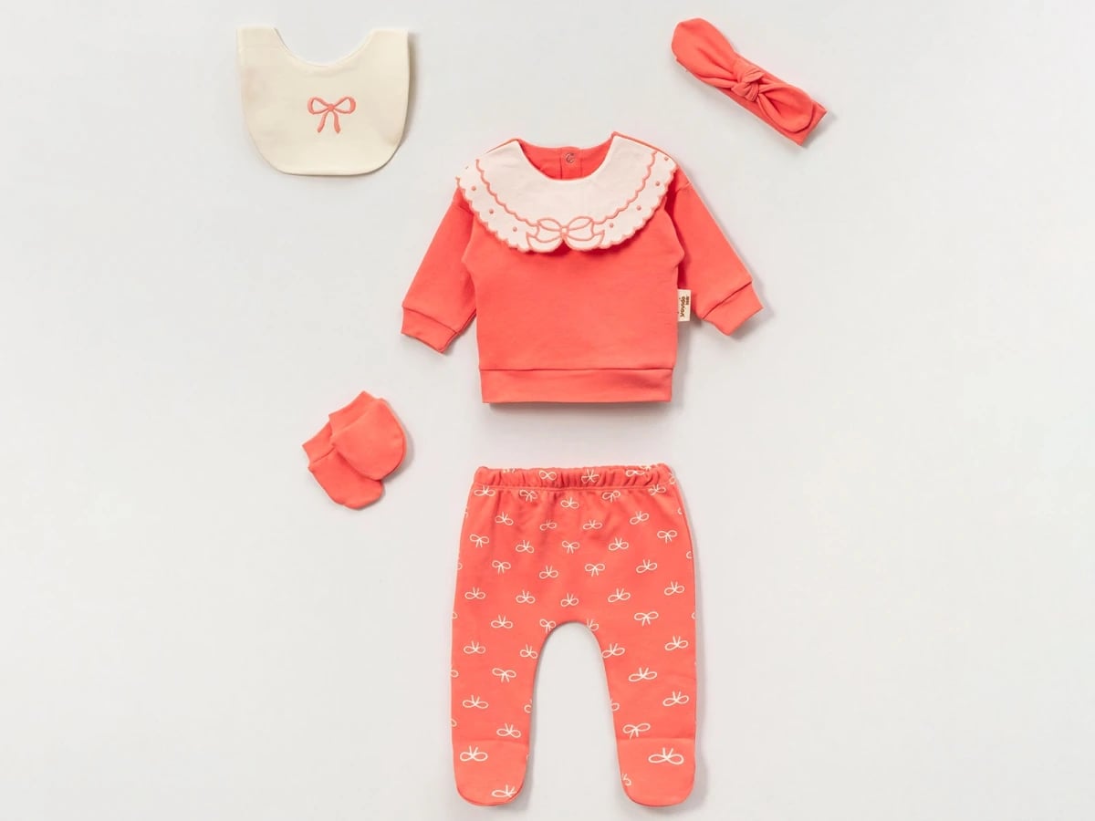 Baby Girl 5-Piece Hospital Exit Set with Bow Print - Coral - Vovido - by Peralane