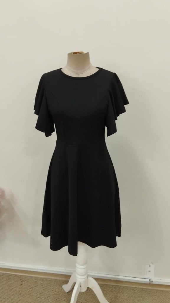 Women's Short-Sleeve Round Neck Flared Mini Dress in Black Crepe - Janes - by Peralane - photo 5