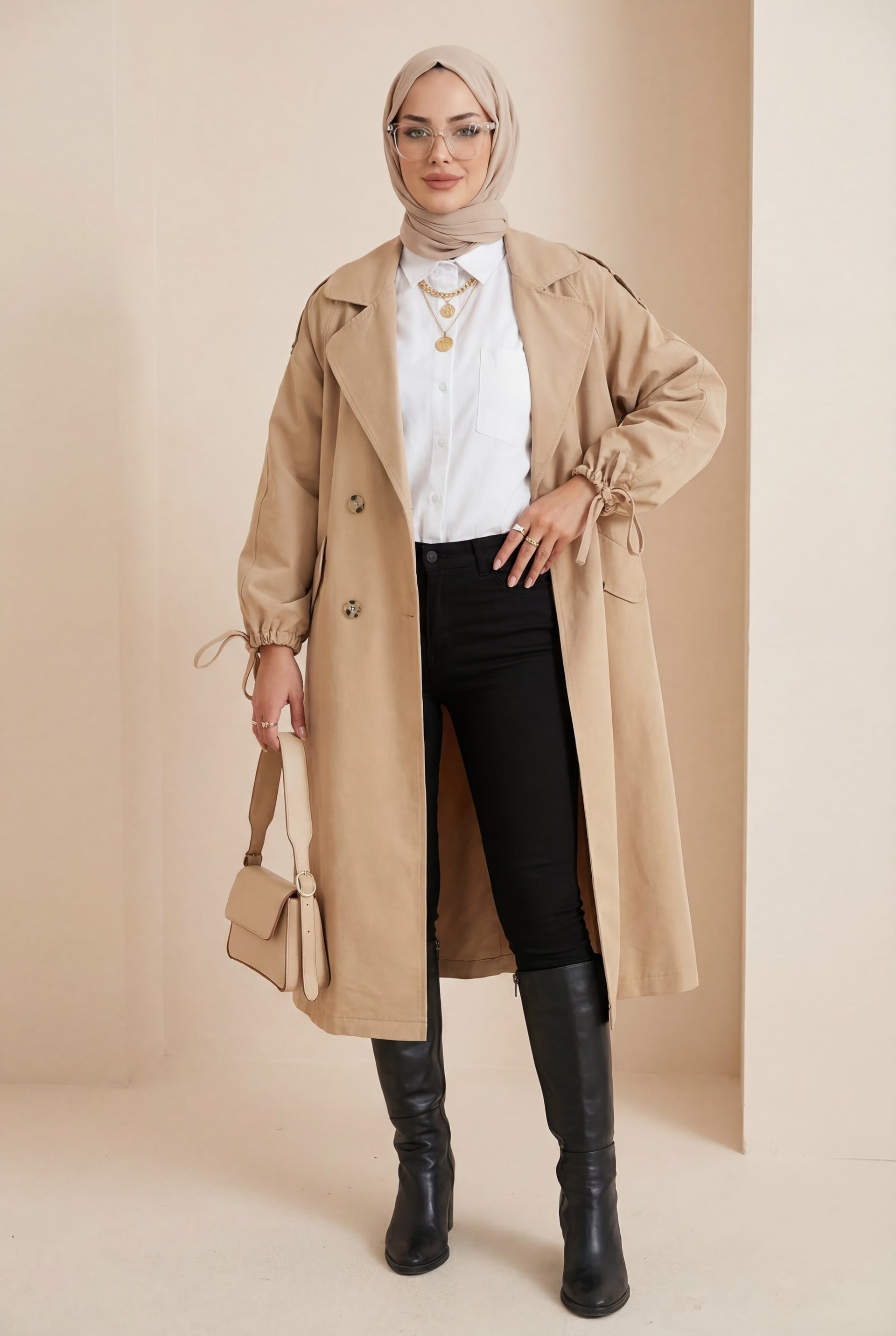 Shawl Collar Double-Breasted Oversize Trench Coat with Pockets and Tie Cuffs - Vizon - Podyumplus - by Peralane