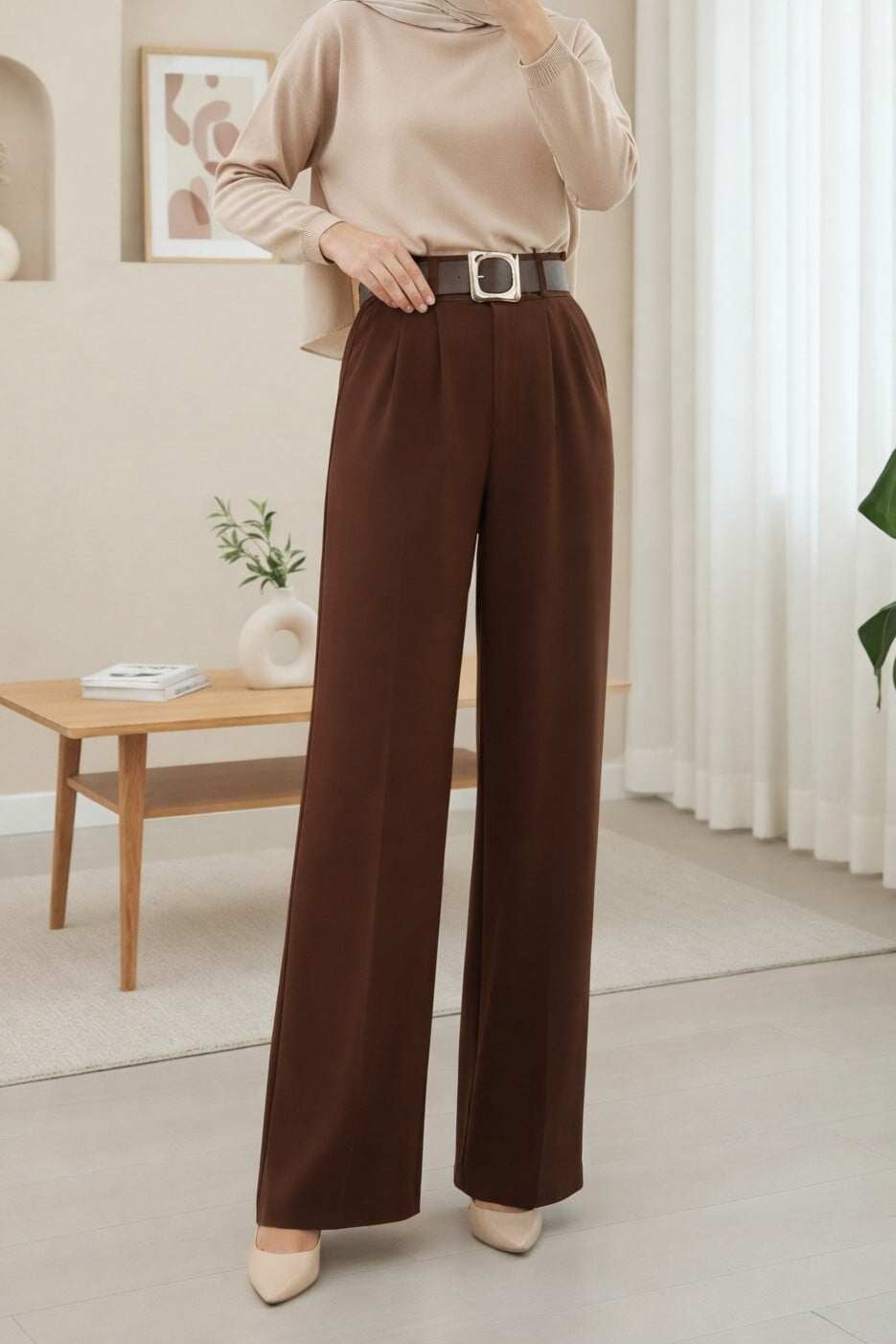 Pleated High-Waist Wide-Leg Modal Crepe Trousers with Buckled Belt - Brown - Podyumplus - by Peralane - photo 2