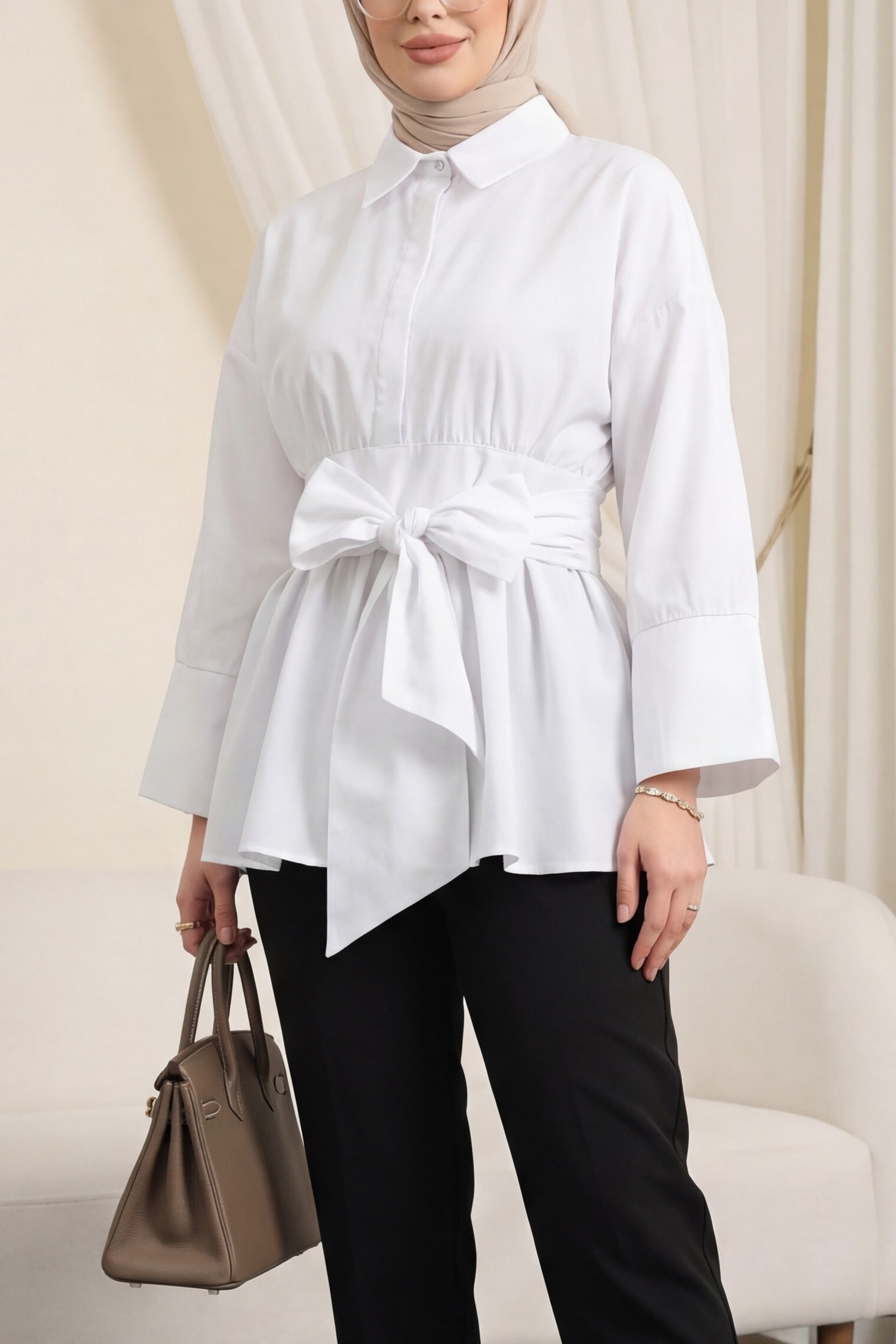 White Corseted Waist Hidden Placket Belted Poplin Tunic - Podyumplus - by Peralane