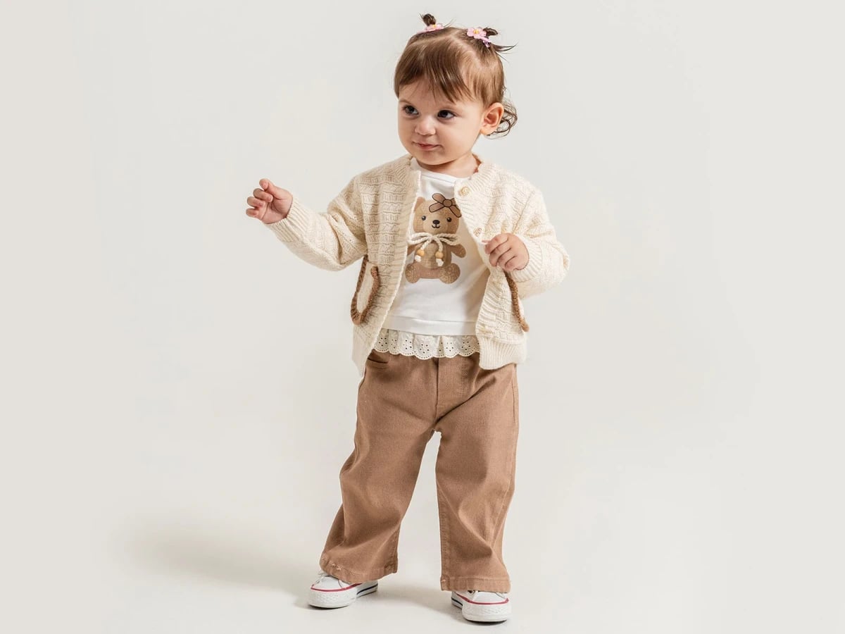 Girl's Baby Set with Teddy Bear Print T-Shirt and Cable-Knit Cardigan - Pampal Kids - by Peralane