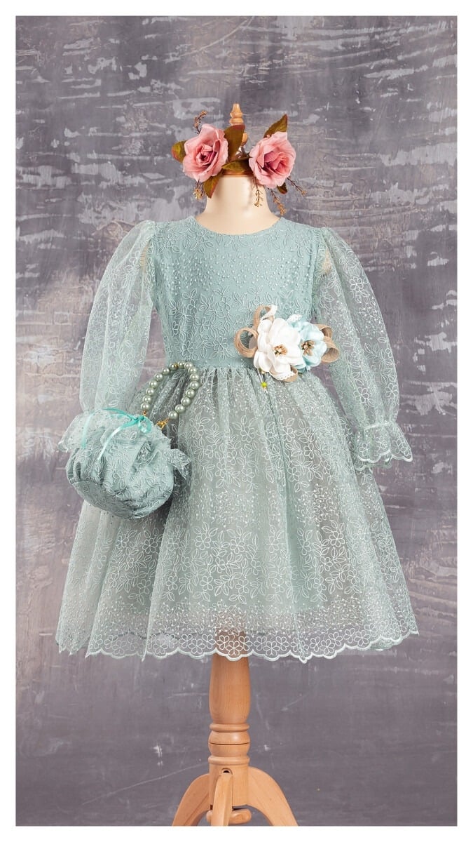 Girl's Dress with Embroidered Handbag - Pale Mint Green (Pack of 4) - Tivido - by Peralane