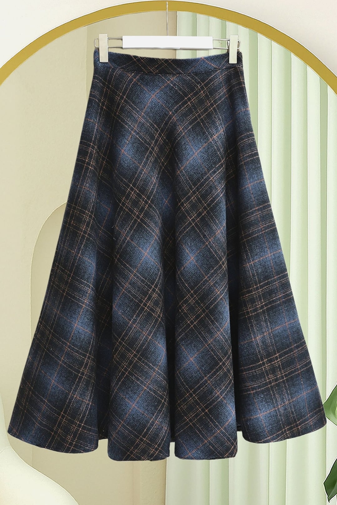 Navy Plaid Wool-Blend Flared Skirt with Side Zipper - Podyumplus - by Peralane - photo 4