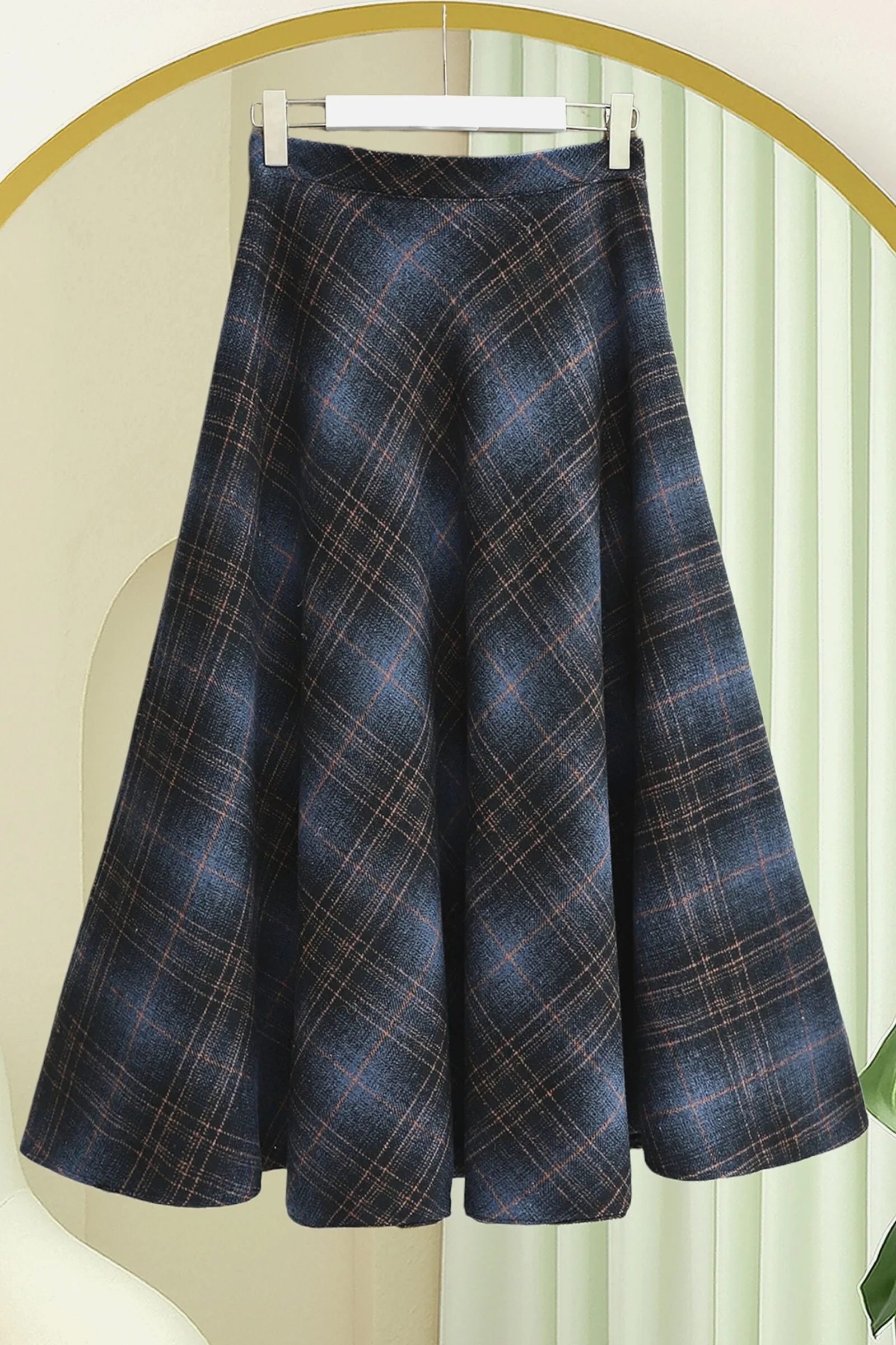 Navy Plaid Wool-Blend Flared Skirt with Side Zipper - Podyumplus - by Peralane - photo 4