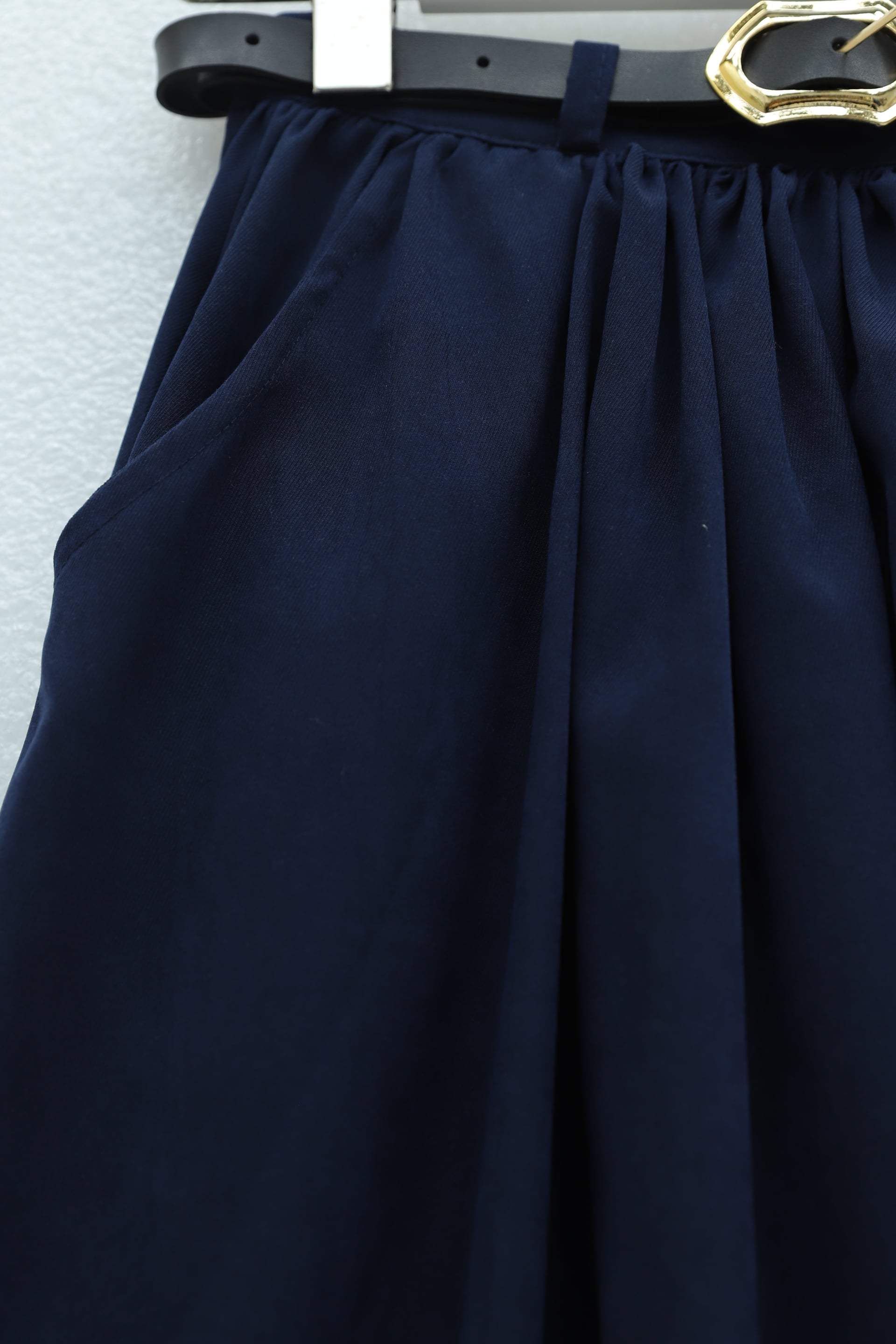 Pleated Tweed Skirt with Buckle Belt and Side Pockets - Navy - Podyumplus - by Peralane - photo 8