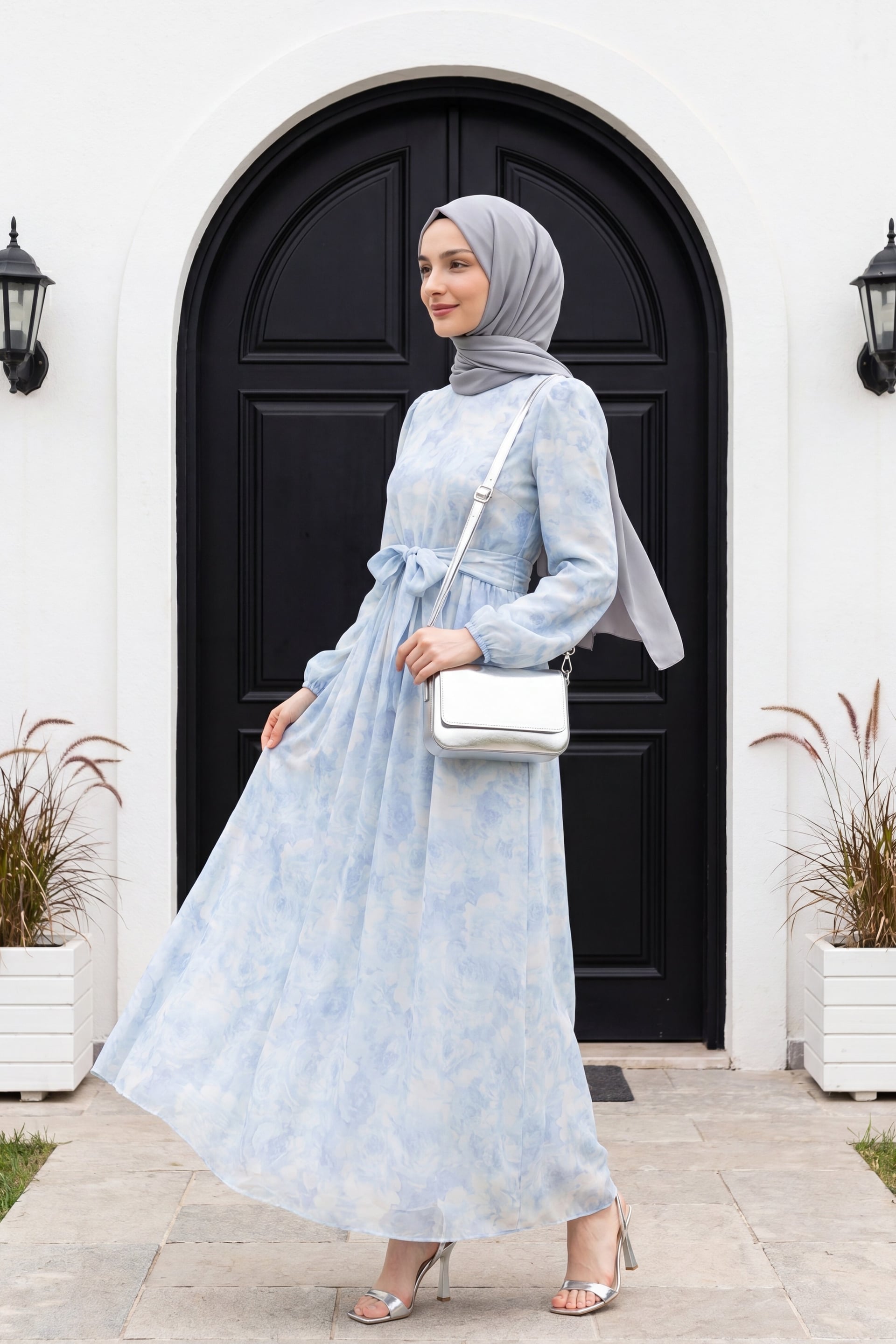 Belted Balloon Sleeve Lined Tulle Voile Dress - Baby Blue - Podyumplus - by Peralane - photo 2