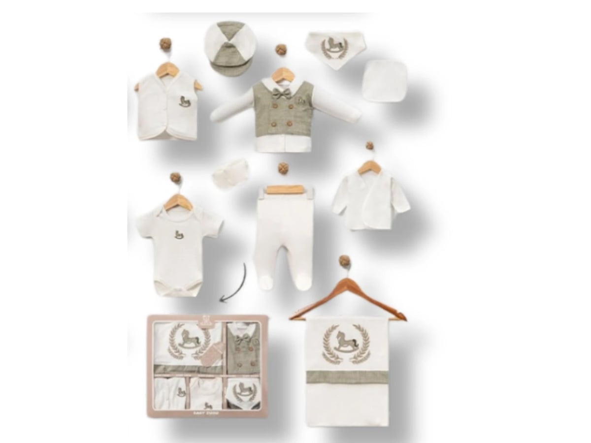 Embroidered Horse Newborn Hospital Exit Set - 5 Piece Gift Set in Green - Baby Zuhu - by Peralane