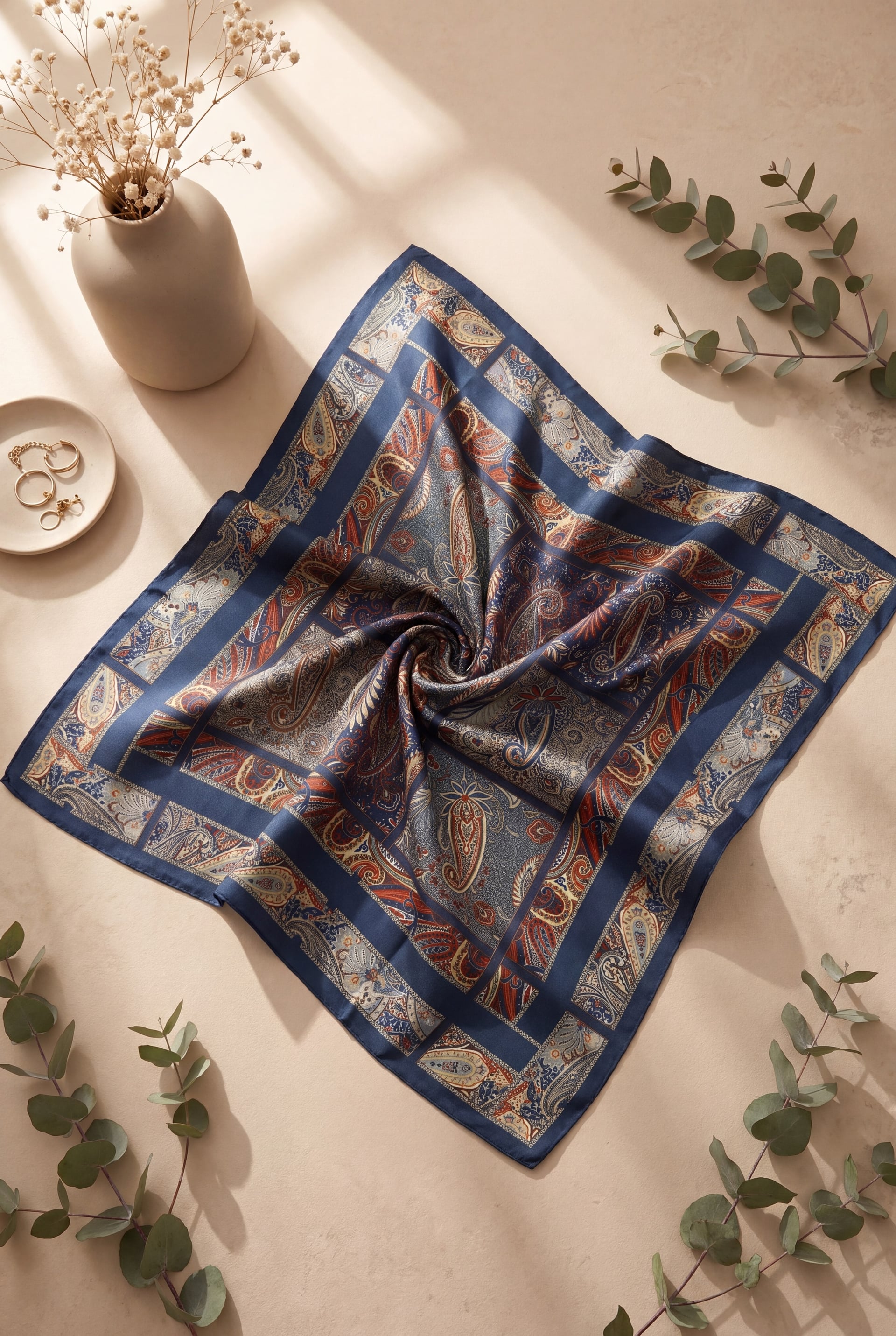 Geometric Frame Rayon Scarf - Navy - Podyumplus - by Peralane