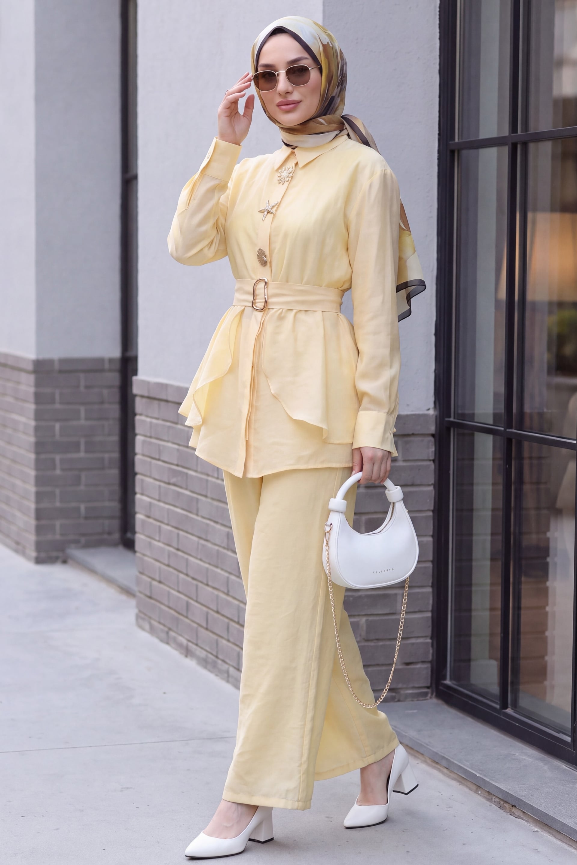 Lined Cupra Two-Piece Set with Elastic Belt and Pocketed Trousers - Yellow - Podyumplus - by Peralane - photo 5
