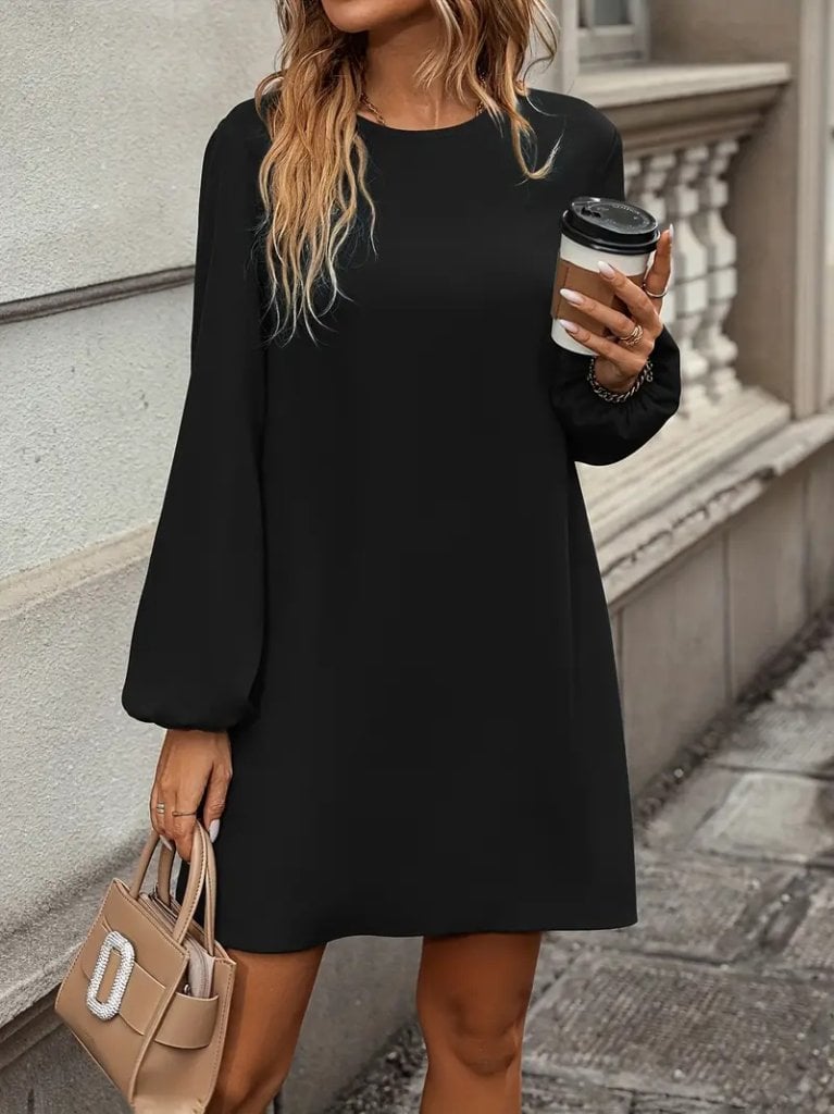 Women's Long Sleeve Round Neck Mini Crepe Dress in Black - Janes - by Peralane
