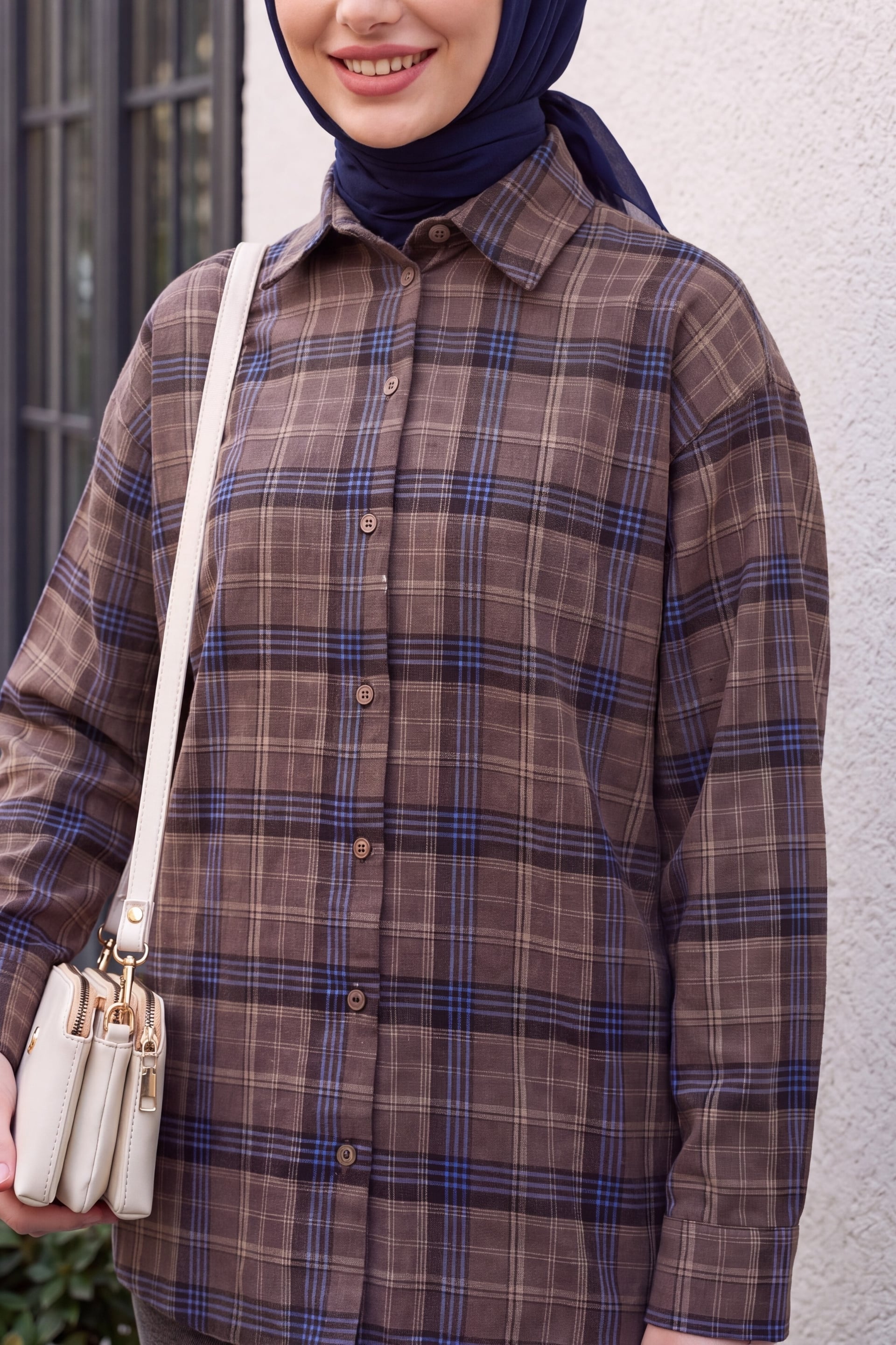 Oversize Plaid Shirt in Brown and Blue – Vizon - Podyumplus - by Peralane - photo 2