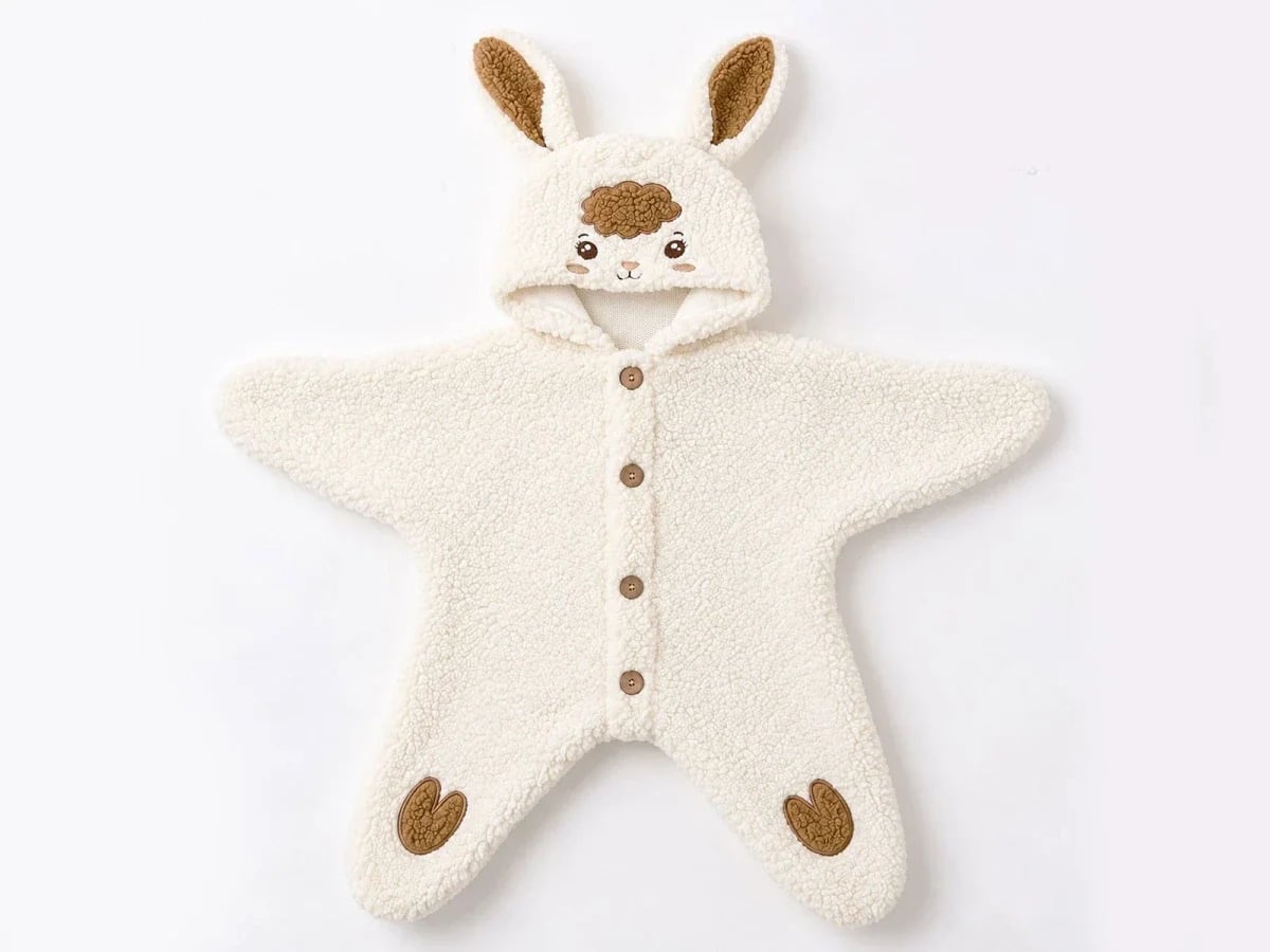 Cream Sherpa Baby Romper with Bunny Ears and Sheep Face - Cayzen - by Peralane