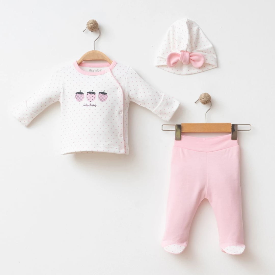 Strawberry Patterned 3-Piece Baby Set - Pink | Peralane - Gumus Baby - by Peralane