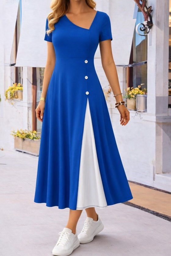 Women's Short Sleeve Asymmetric Neckline Button Detail Midi Viscose Dress - Janes - by Peralane