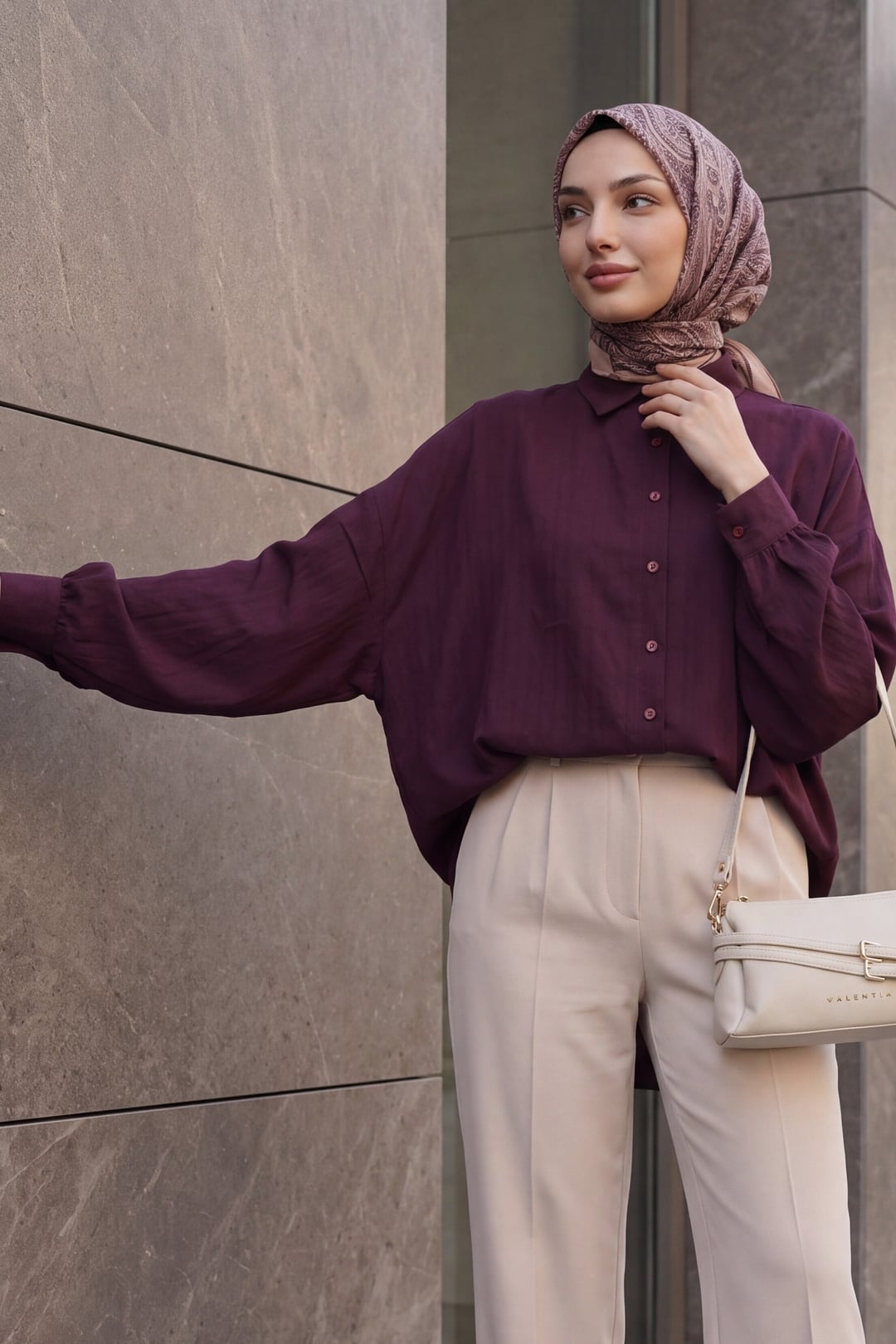 Long Back Oval Cut Buttoned Oversize Blouse - Deep Plum - Podyumplus - by Peralane - photo 2