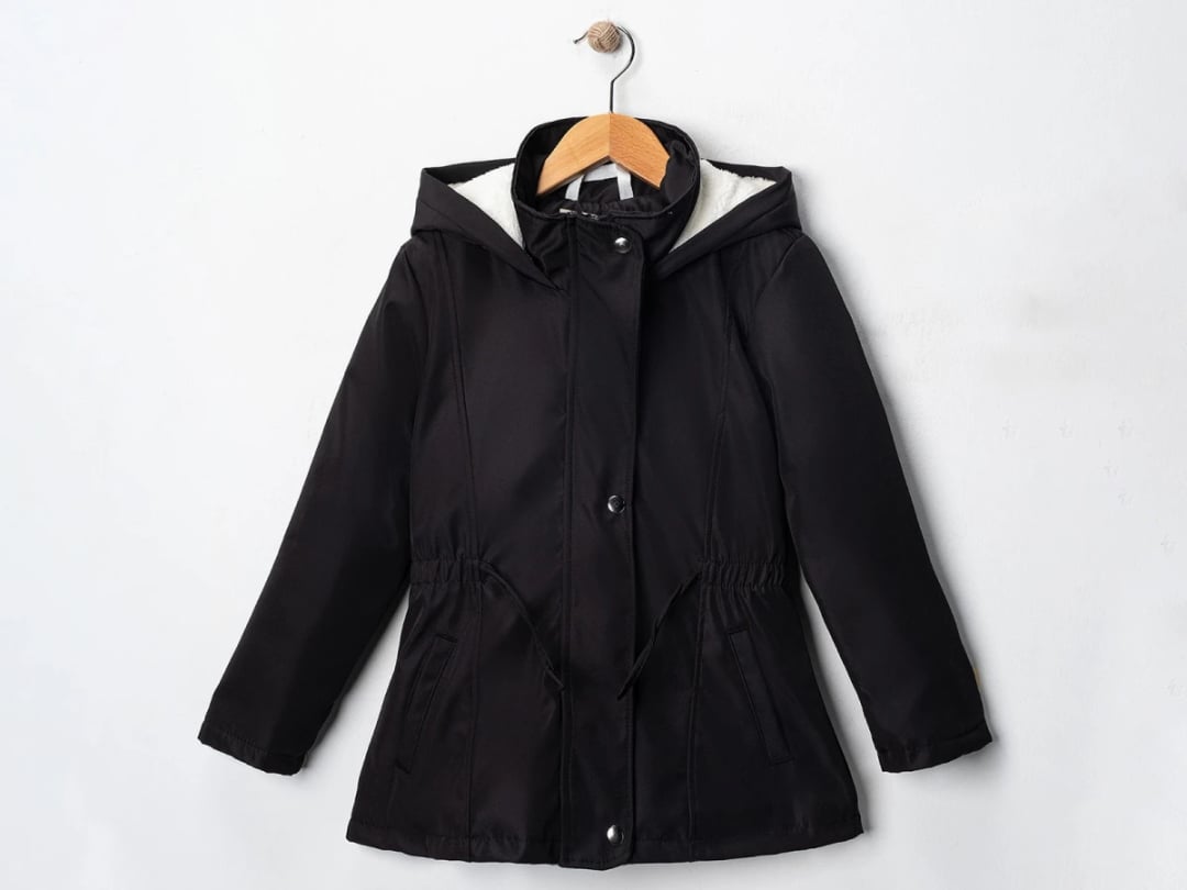 Girls' Black Sherpa-Lined Hooded Jacket with Drawstring Waist - Carino - by Peralane