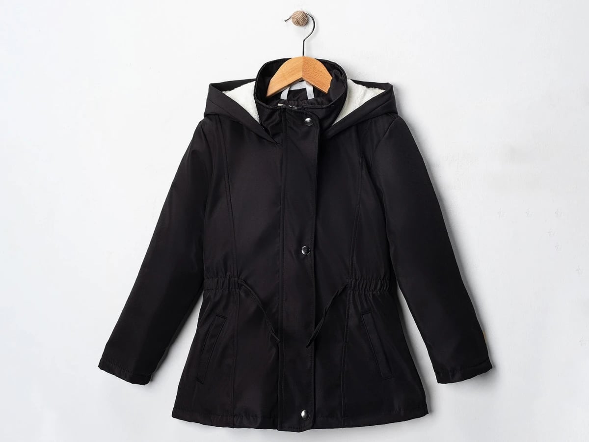 Girls' Black Sherpa-Lined Hooded Jacket with Drawstring Waist - Carino - by Peralane