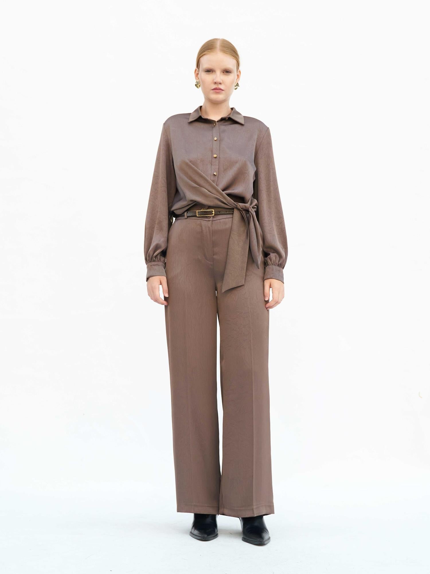 Women's Wrap Blouse and Wide-Leg Trouser Set in Taupe - Lefon - by Peralane