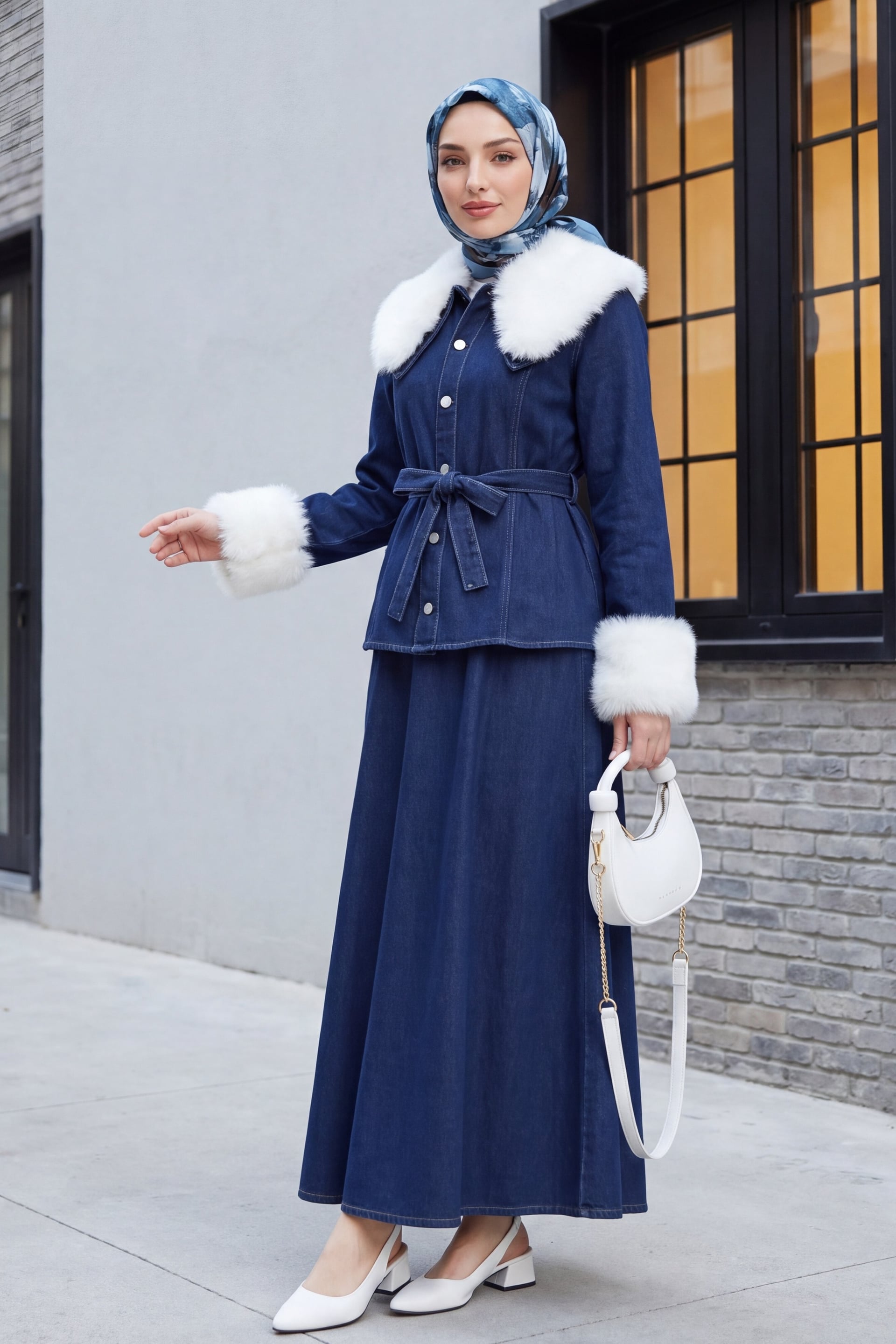 Women's Dark Blue Denim Jacket and Skirt Co-ord Set with Faux Fur Trim - Podyumplus - by Peralane - photo 4