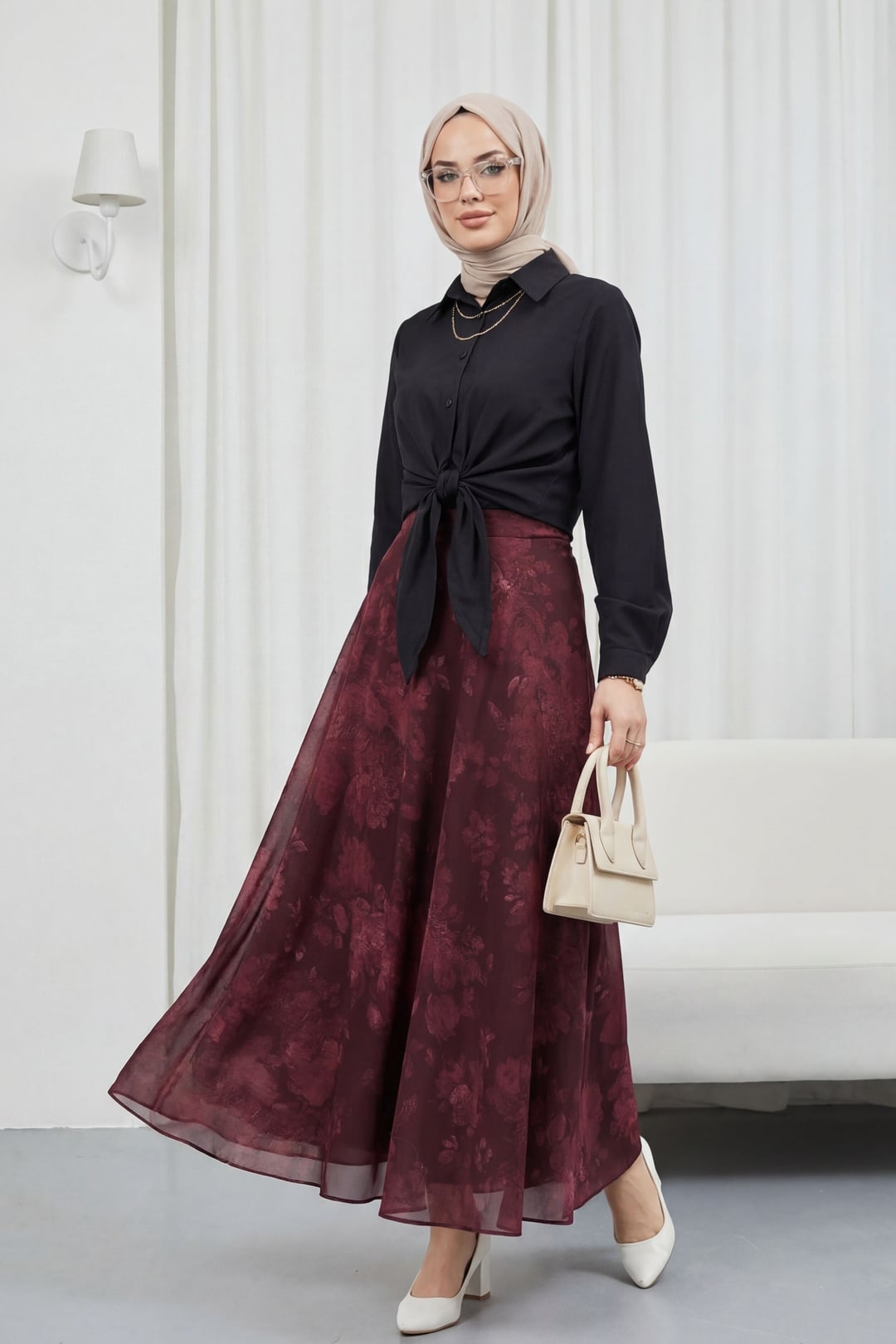 Side-Zip Patterned Lined Chiffon Skirt - Burgundy - Podyumplus - by Peralane - photo 6