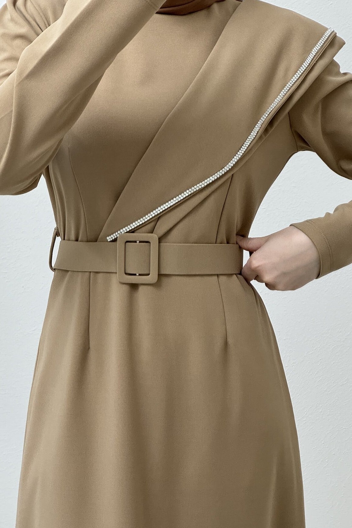 Stone Embroidered Belted Crepe Dress - Beige - Podyumplus - by Peralane - photo 5